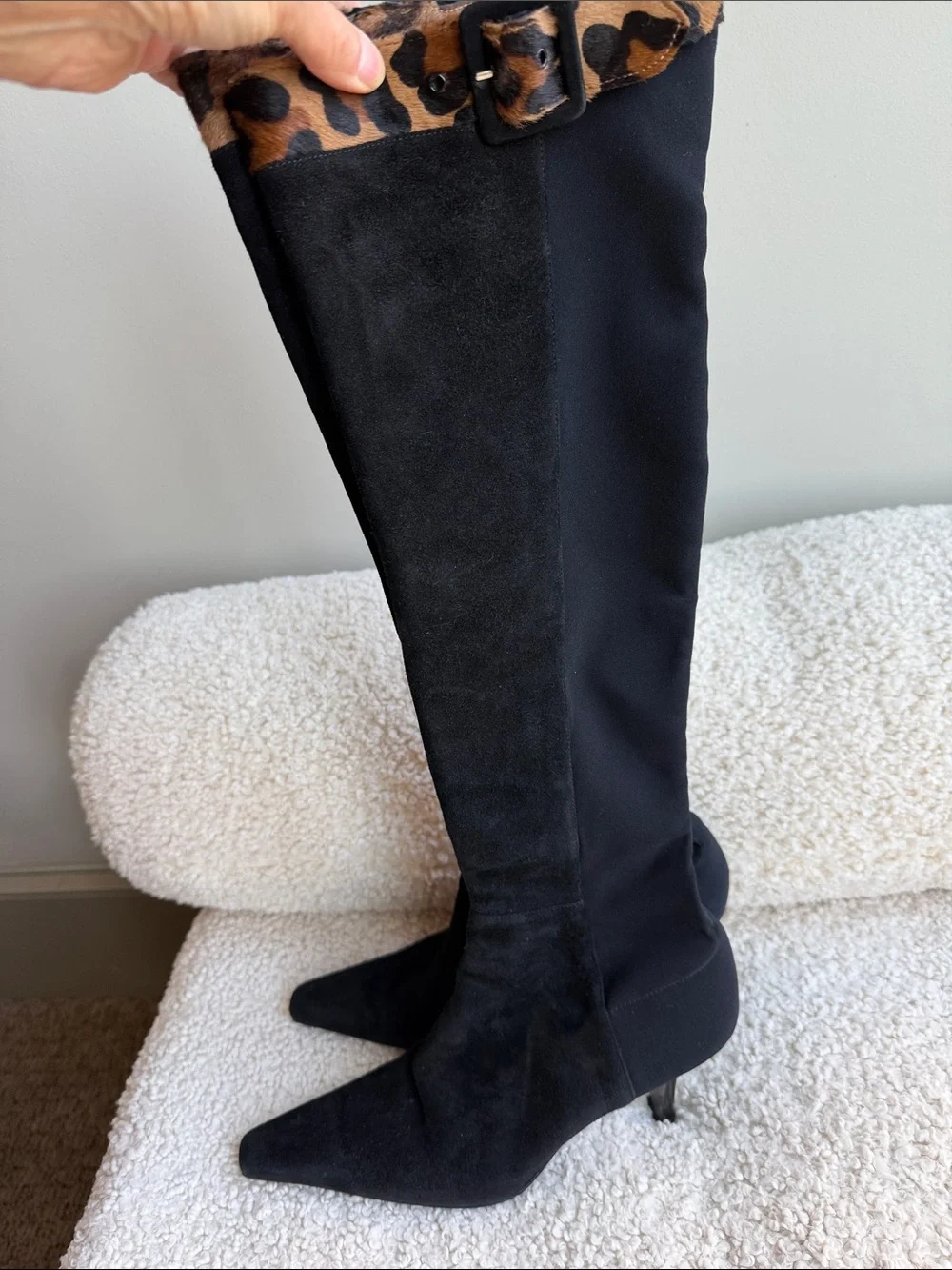 Stuart Weitzman Black Over-the-Knee Boots with Leopard Trim